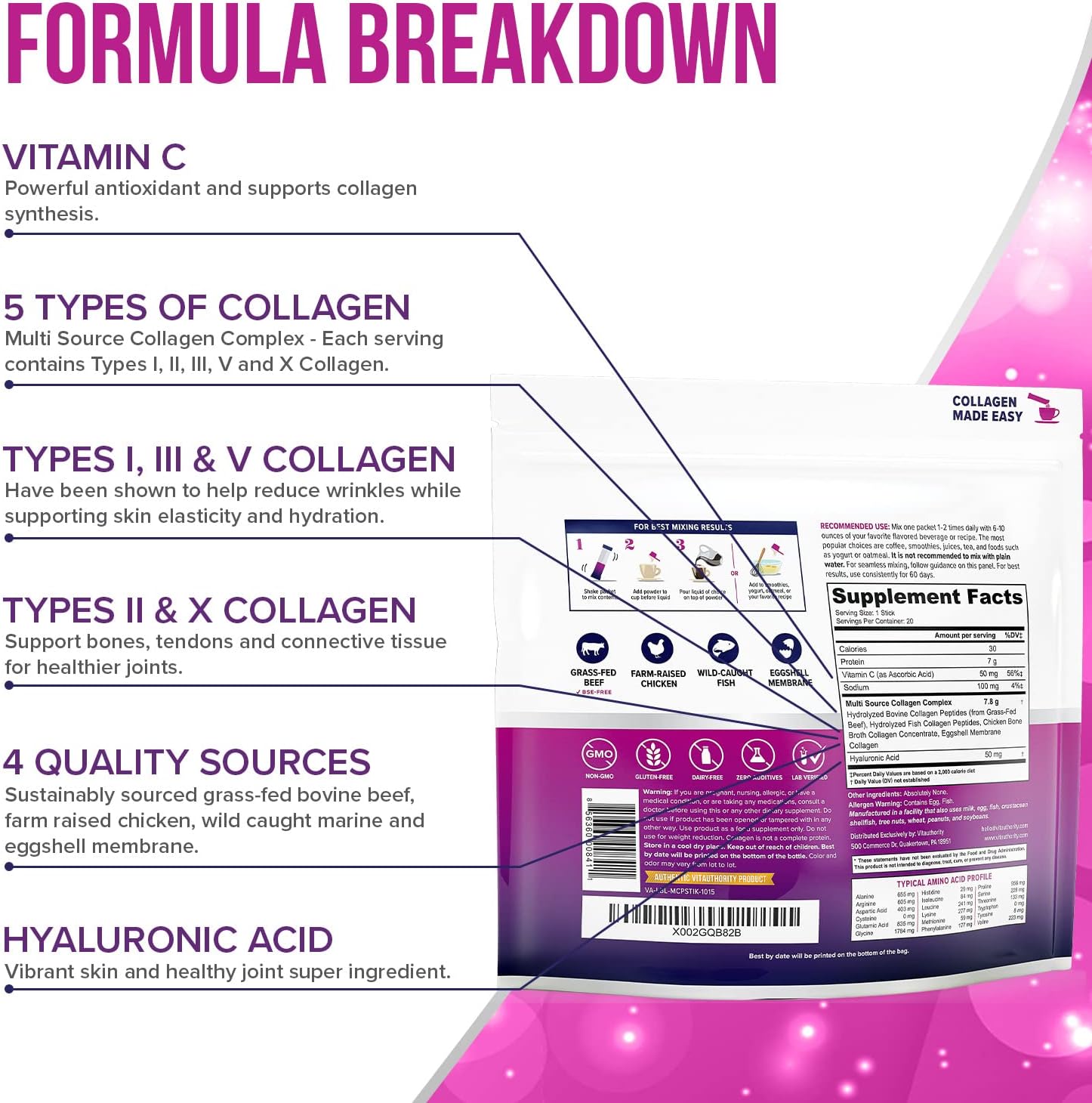 Vitauthority Multi Collagen Peptides with Hyaluronic Acid, Vitamin C - 20 Unflavored Stick Packs - Types I, II, III, V, X - Hydrolyzed Collagen Proteins