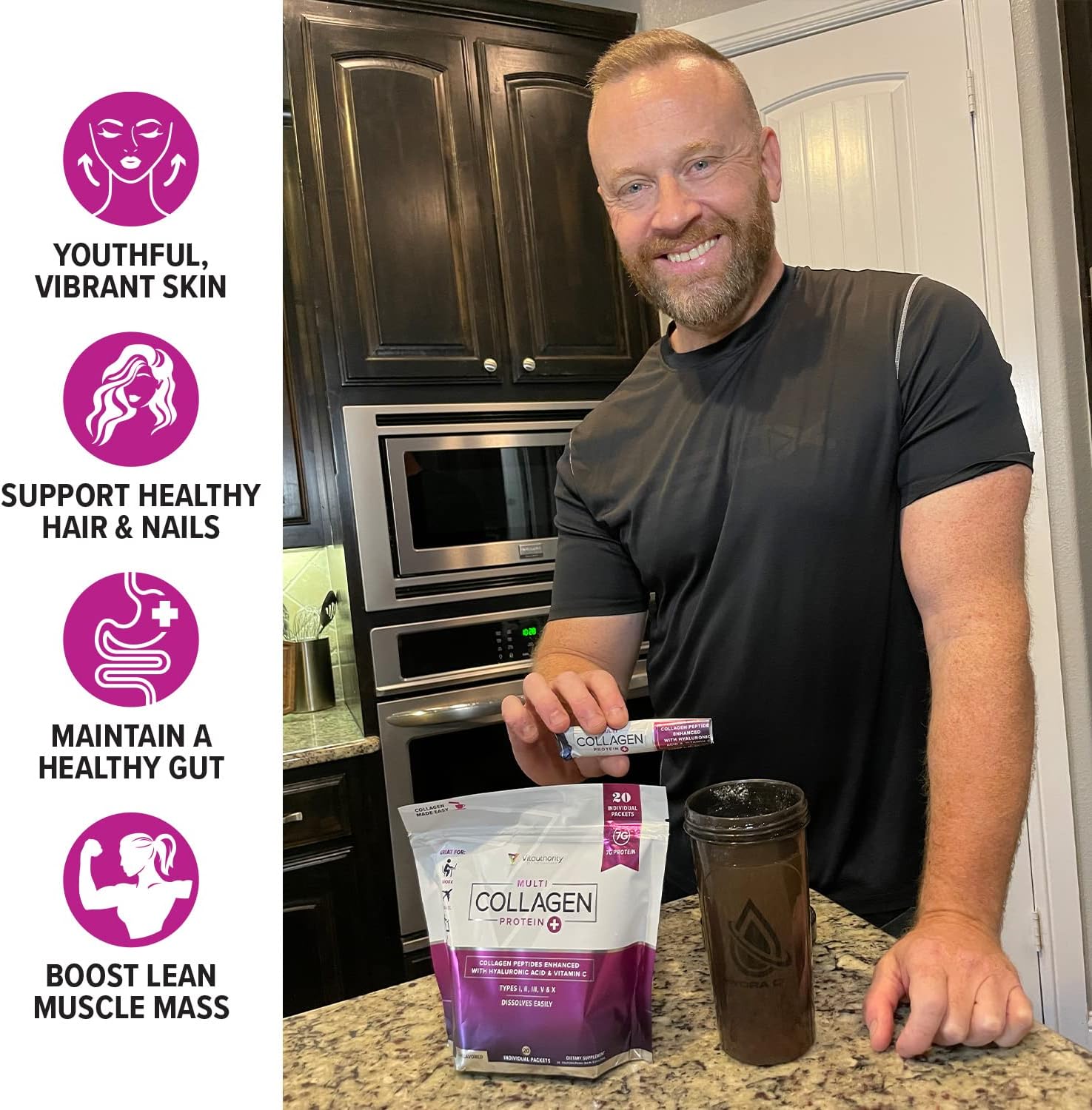 Vitauthority Multi Collagen Peptides with Hyaluronic Acid, Vitamin C - 20 Unflavored Stick Packs - Types I, II, III, V, X - Hydrolyzed Collagen Proteins