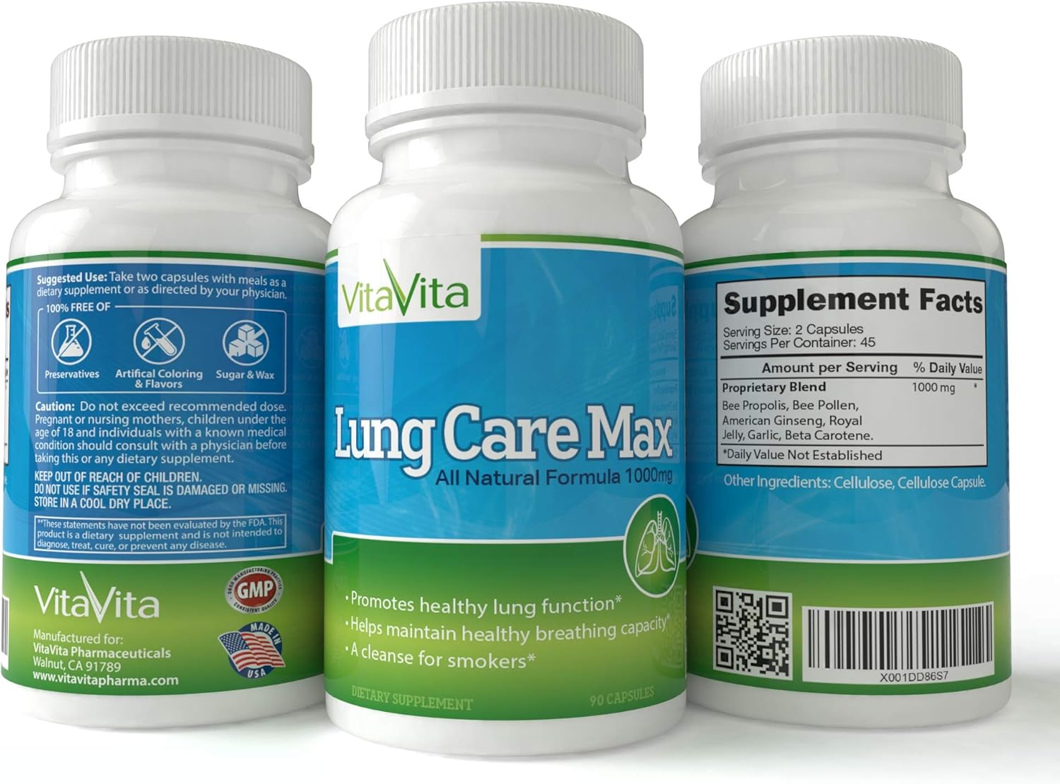 VitaVita Lung Support Capsules with American Ginseng, Bee Propolis, and Royal Jelly - Antioxidant Formula (90 Count)