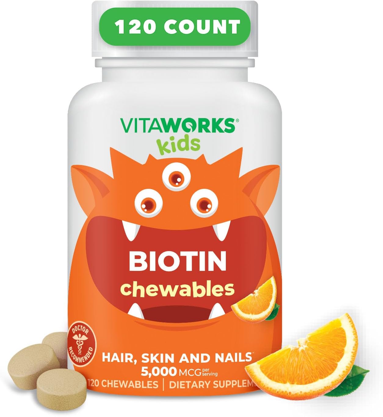 VitaWorks Kids Biotin 5000mcg Chewable Tablets - Vegan Hair, Skin, and Nail Supplement for Kids - 120 Tasty Chewables