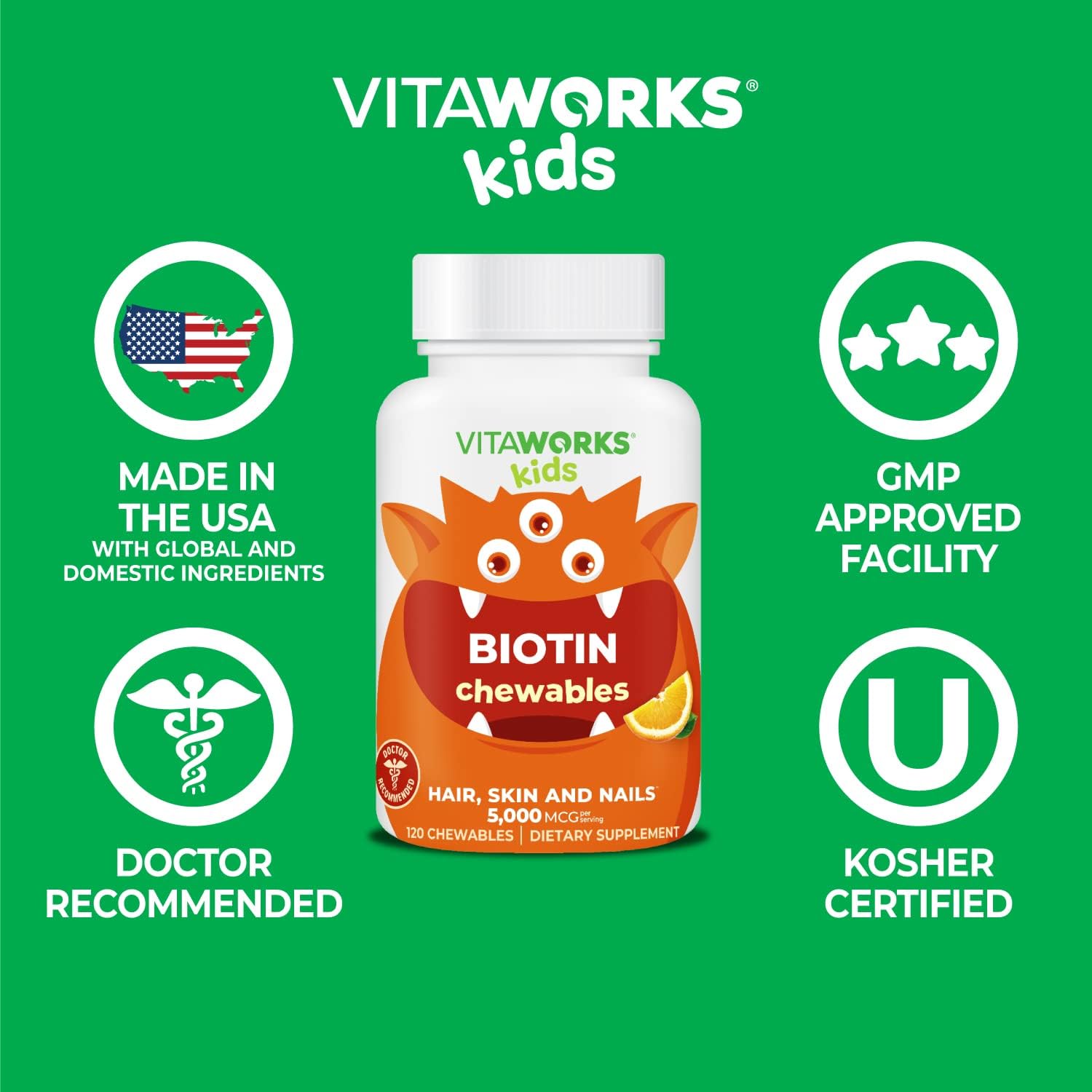 VitaWorks Kids Biotin 5000mcg Chewable Tablets - Vegan Hair, Skin, and Nail Supplement for Kids - 120 Tasty Chewables