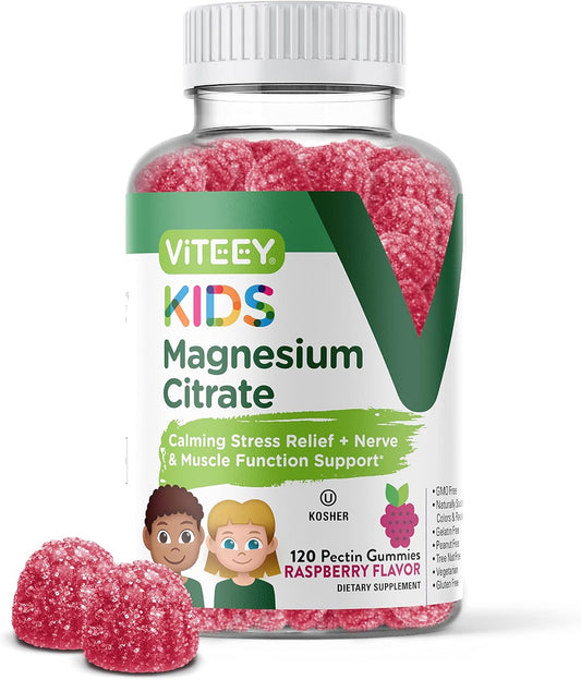 Viteey Kids Magnesium Citrate Gummies - Natural Sleep Aid, Calm & Relaxation Support - Vegetarian, Gelatin-Free, Gluten-Free Raspberry Gummy