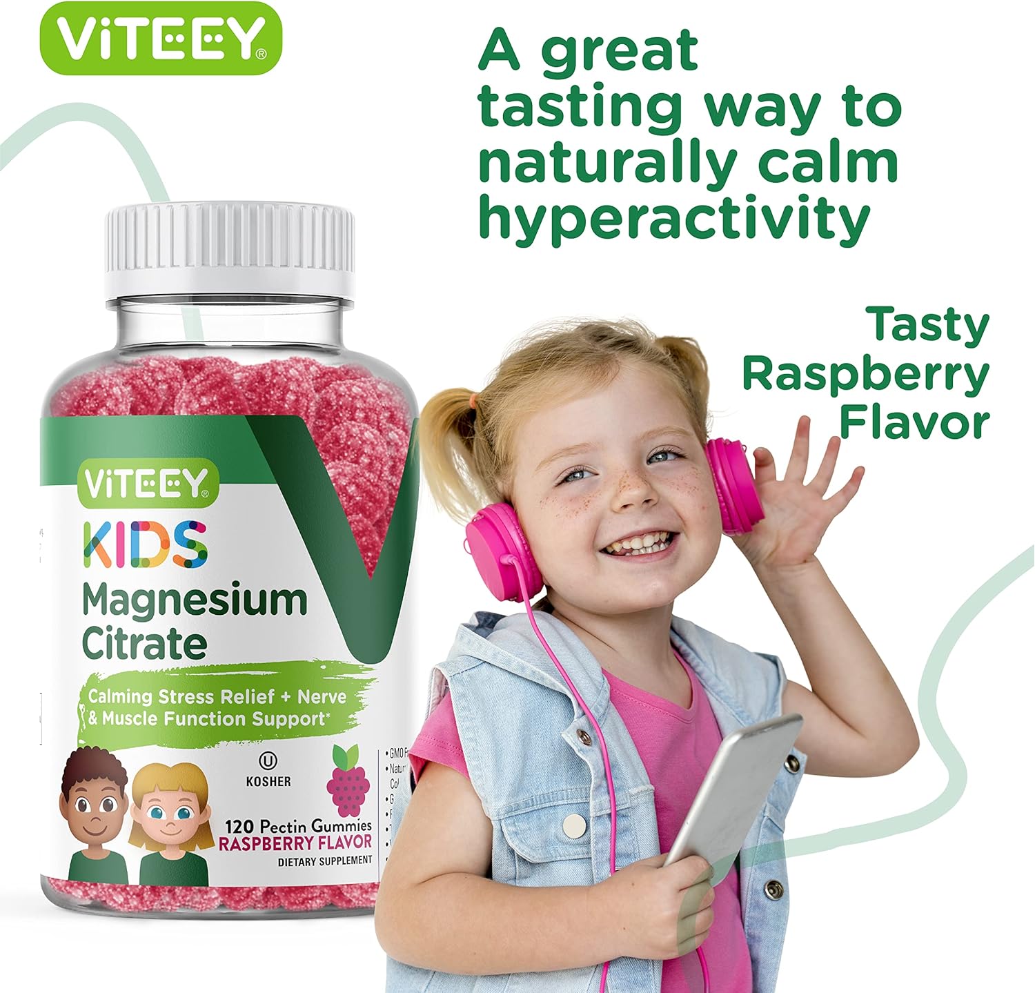 Viteey Kids Magnesium Citrate Gummies - Natural Sleep Aid, Calm & Relaxation Support - Vegetarian, Gelatin-Free, Gluten-Free Raspberry Gummy