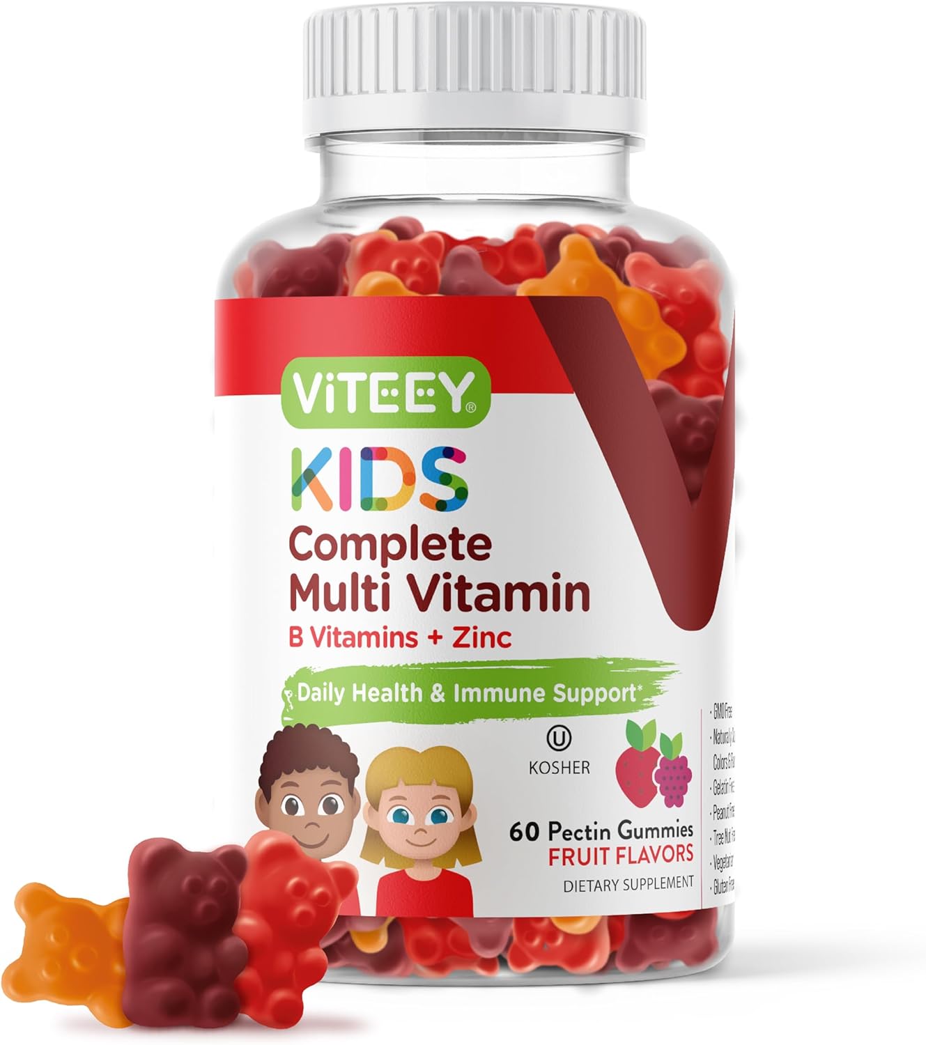Viteey Kids Multivitamin Gummies - Immune Support & Overall Health - Vegetarian - Fruit Flavor Chewable Gummy with 12 Essential Vitamins & Minerals