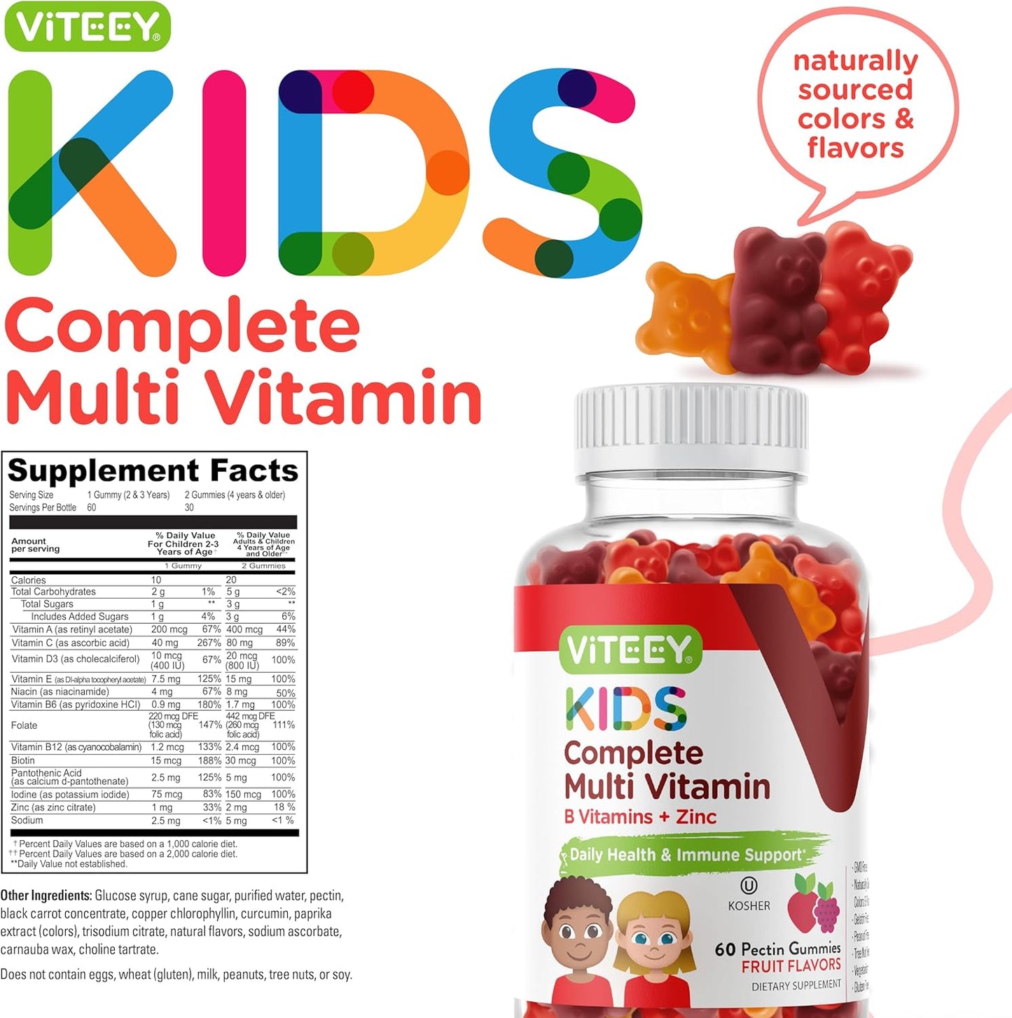 Viteey Kids Multivitamin Gummies - Immune Support & Overall Health - Vegetarian - Fruit Flavor Chewable Gummy with 12 Essential Vitamins & Minerals