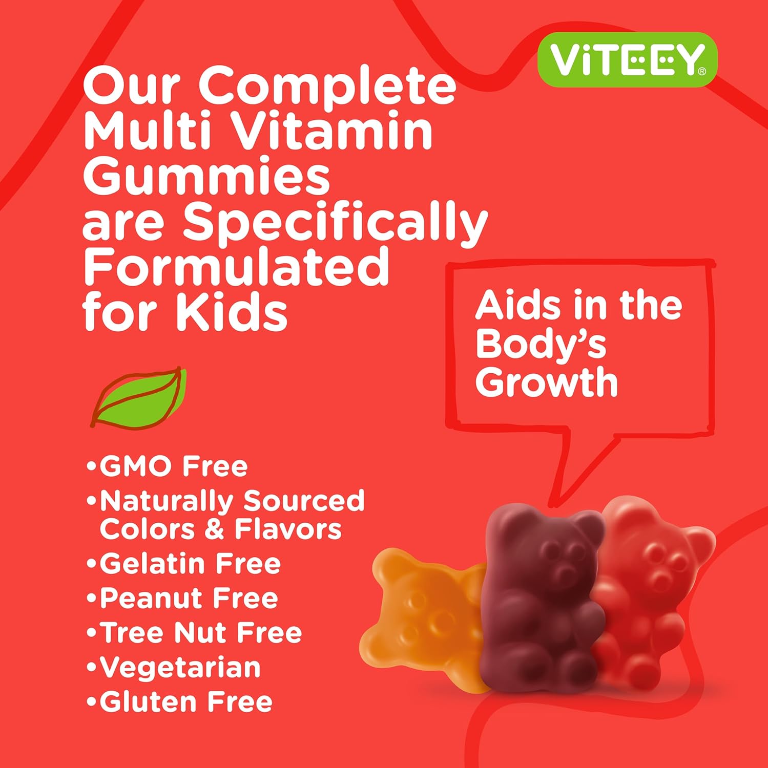 Viteey Kids Multivitamin Gummies - Immune Support & Overall Health - Vegetarian - Fruit Flavor Chewable Gummy with 12 Essential Vitamins & Minerals