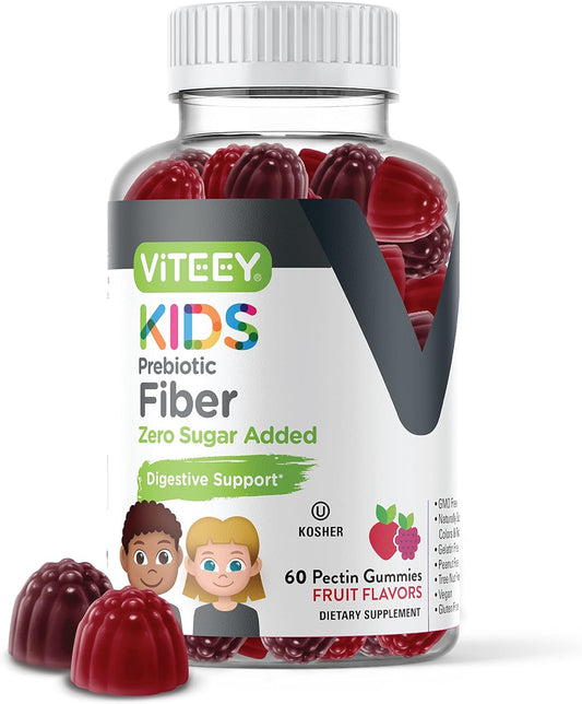 Viteey Kids Prebiotic Fiber Gummies - 4g Fiber, Constipation Relief, Digestive Health, Regularity, Weight Support - Zero Sugar, Vegan, Gluten Free - Fruit Flavored Chewable Gummy