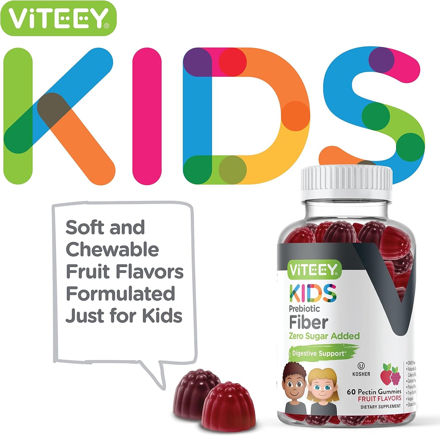 Viteey Kids Prebiotic Fiber Gummies - 4g Fiber, Constipation Relief, Digestive Health, Regularity, Weight Support - Zero Sugar, Vegan, Gluten Free - Fruit Flavored Chewable Gummy