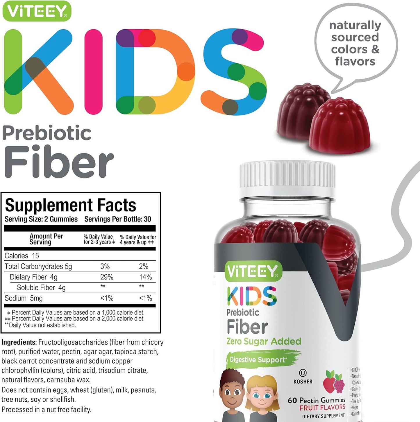 Viteey Kids Prebiotic Fiber Gummies - 4g Fiber, Constipation Relief, Digestive Health, Regularity, Weight Support - Zero Sugar, Vegan, Gluten Free - Fruit Flavored Chewable Gummy