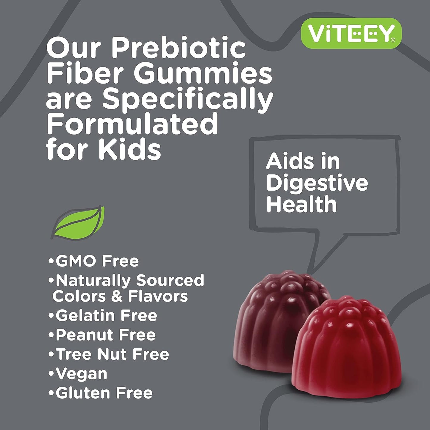 Viteey Kids Prebiotic Fiber Gummies - 4g Fiber, Constipation Relief, Digestive Health, Regularity, Weight Support - Zero Sugar, Vegan, Gluten Free - Fruit Flavored Chewable Gummy