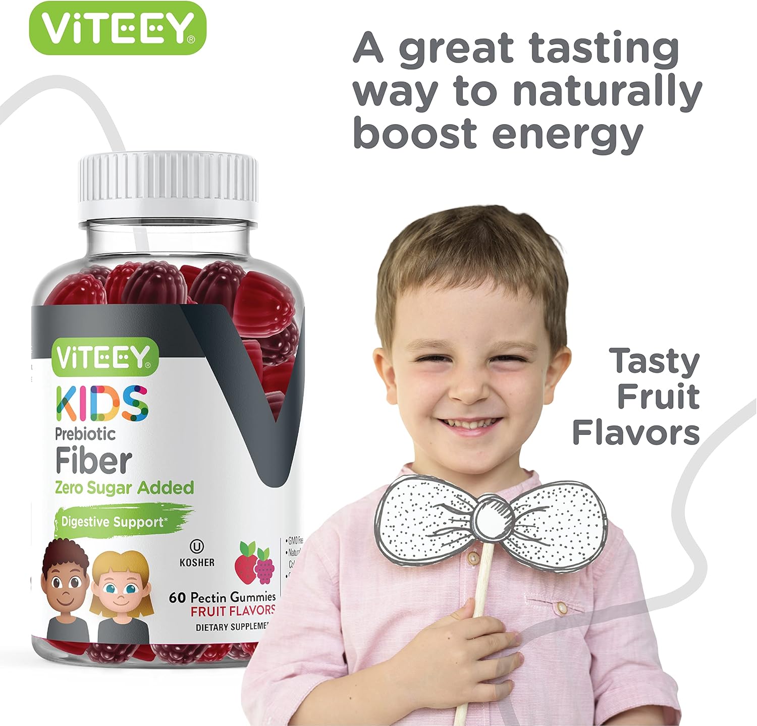 Viteey Kids Prebiotic Fiber Gummies - 4g Fiber, Constipation Relief, Digestive Health, Regularity, Weight Support - Zero Sugar, Vegan, Gluten Free - Fruit Flavored Chewable Gummy