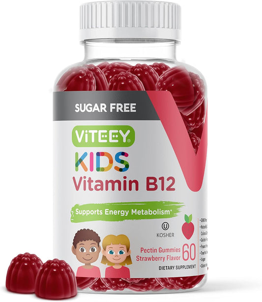 Viteey Kids Vitamin B12 Gummies 1000mcg - Sugar-Free Strawberry Flavored Chewables - Vegan, Gelatin-Free, Gluten-Free - Metabolism & Energy Support