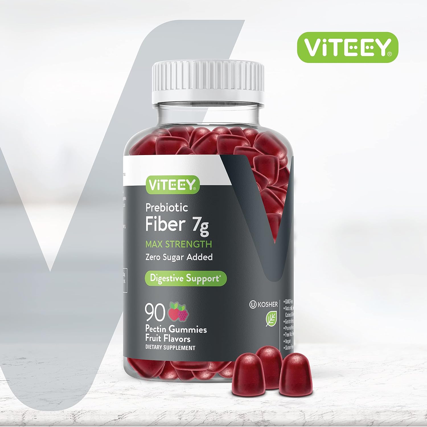 Viteey Prebiotic Fiber Gummies for Adults - 7g Fiber Supplement for Digestive Health & Weight Support - Vegan & Gelatin Free