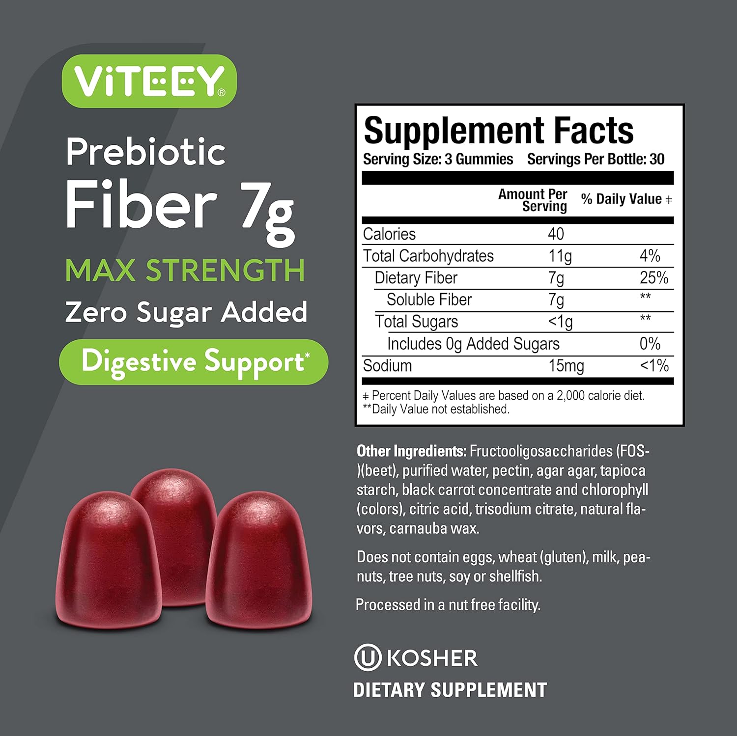 Viteey Prebiotic Fiber Gummies for Adults - 7g Fiber Supplement for Digestive Health & Weight Support - Vegan & Gelatin Free