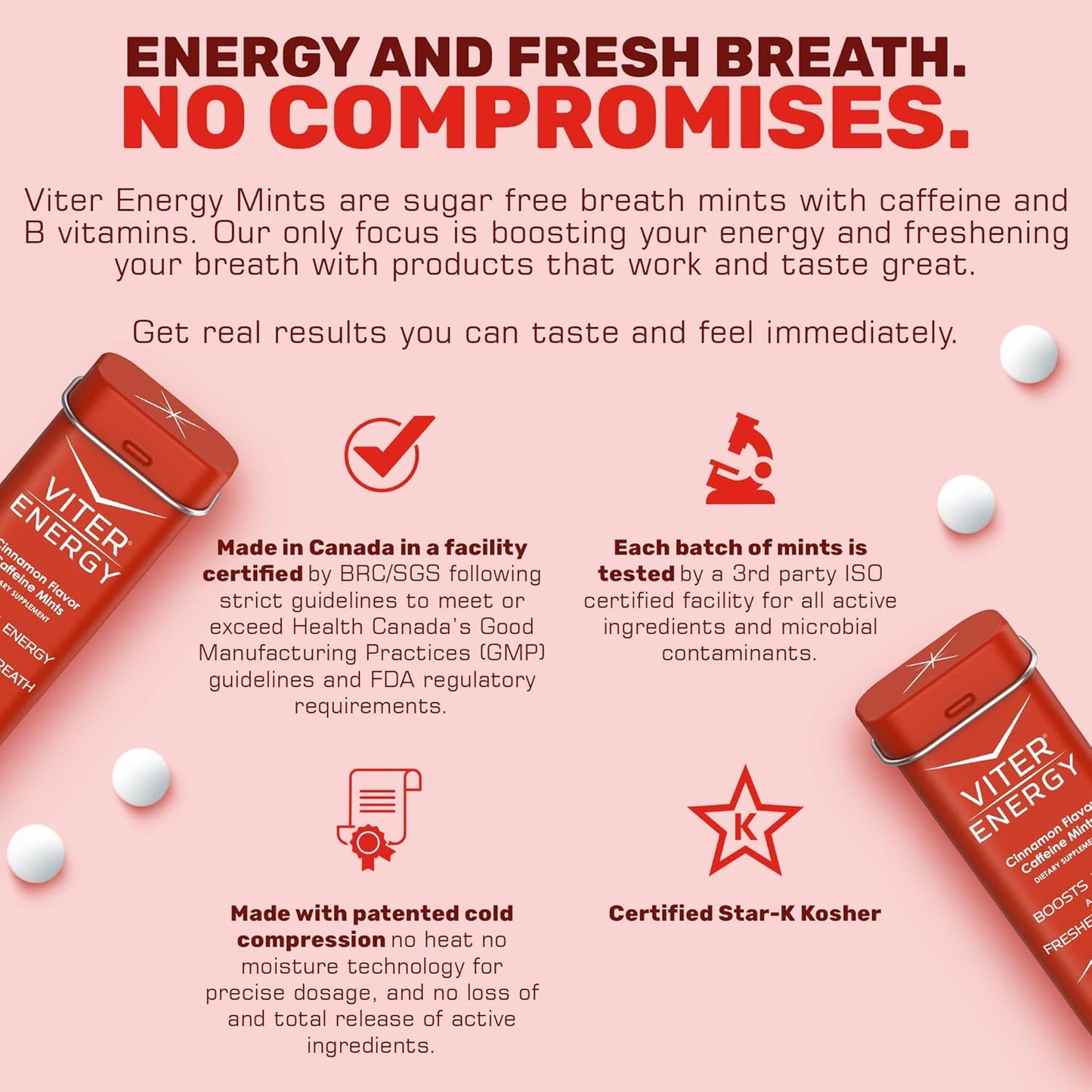 Viter Energy Caffeine Mints - 120 Pieces, 40mg Caffeine, Sugar Free, Vegan, B Vitamins, Energy Supplement (Cinnamon, 6 Pack)