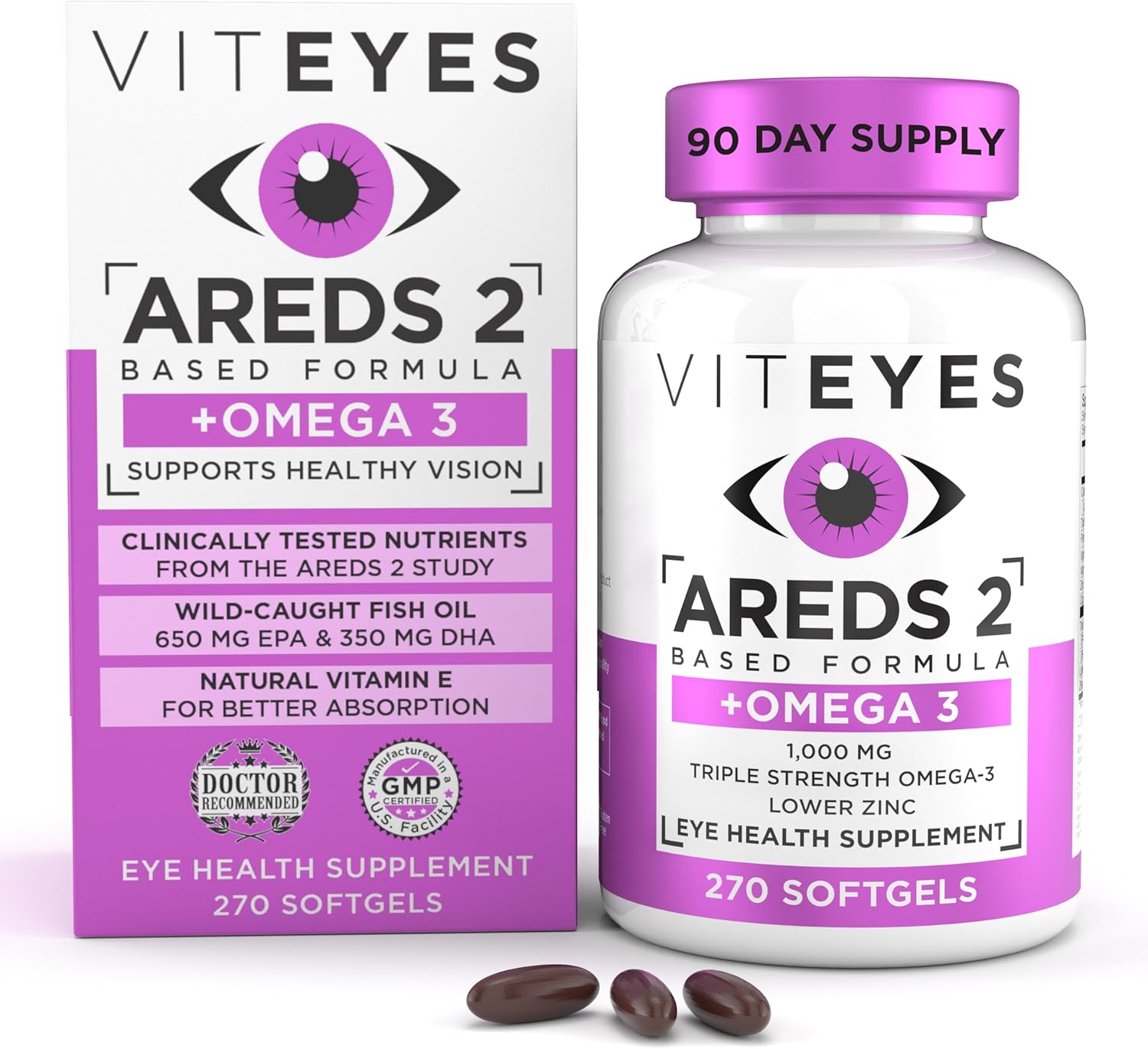 Viteyes AREDS 2 + Omega-3 Softgels for Heart and Eye Health, Triple Strength Omega-3, Vision Supplement, 270 Softgels