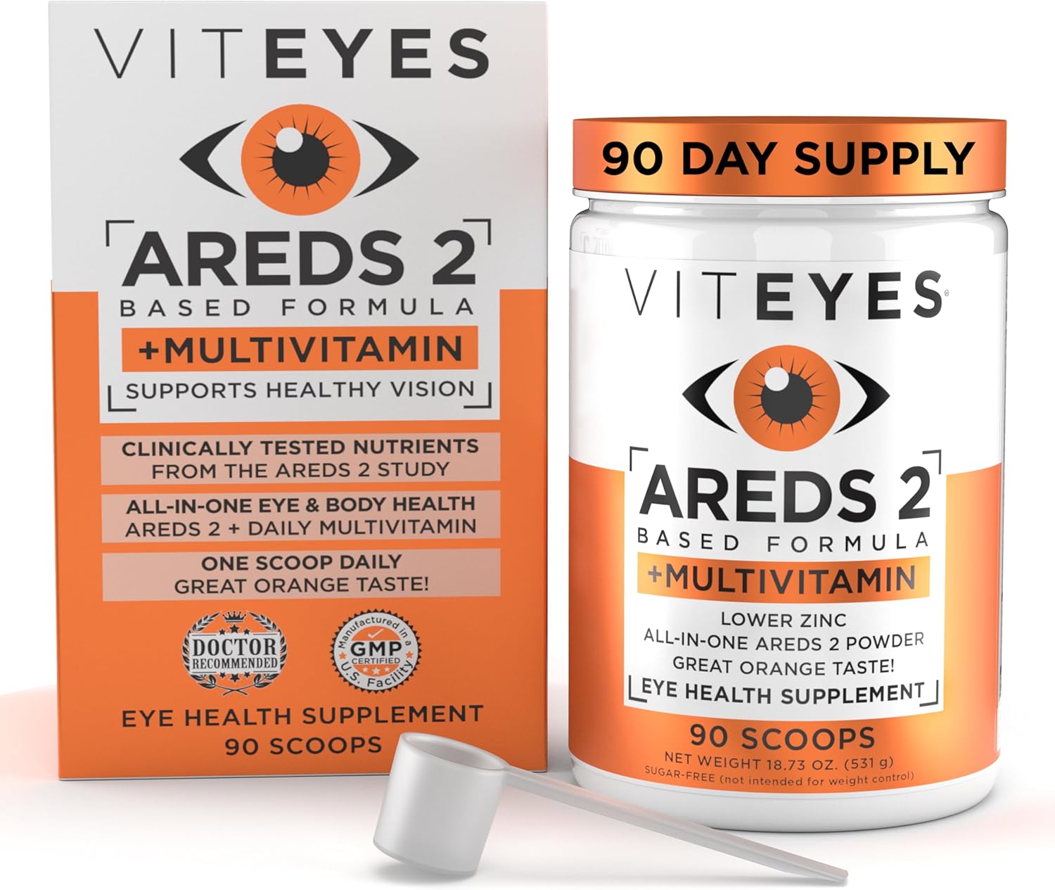Viteyes AREDS 2 Powder with Multivitamin for Macular Protection - Alternative to Chewables, Lutein & Zeaxanthin, Natural Orange Flavor - 90 Scoops