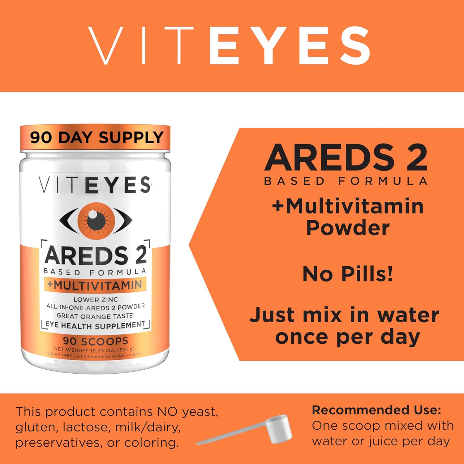 Viteyes AREDS 2 Powder with Multivitamin for Macular Protection - Alternative to Chewables, Lutein & Zeaxanthin, Natural Orange Flavor - 90 Scoops