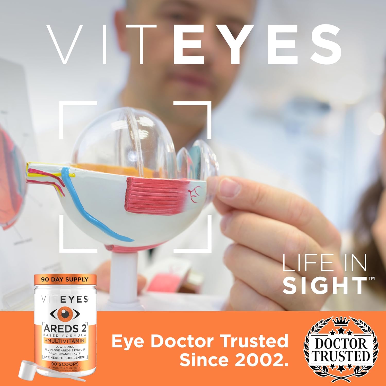 Viteyes AREDS 2 Powder with Multivitamin for Macular Protection - Alternative to Chewables, Lutein & Zeaxanthin, Natural Orange Flavor - 90 Scoops