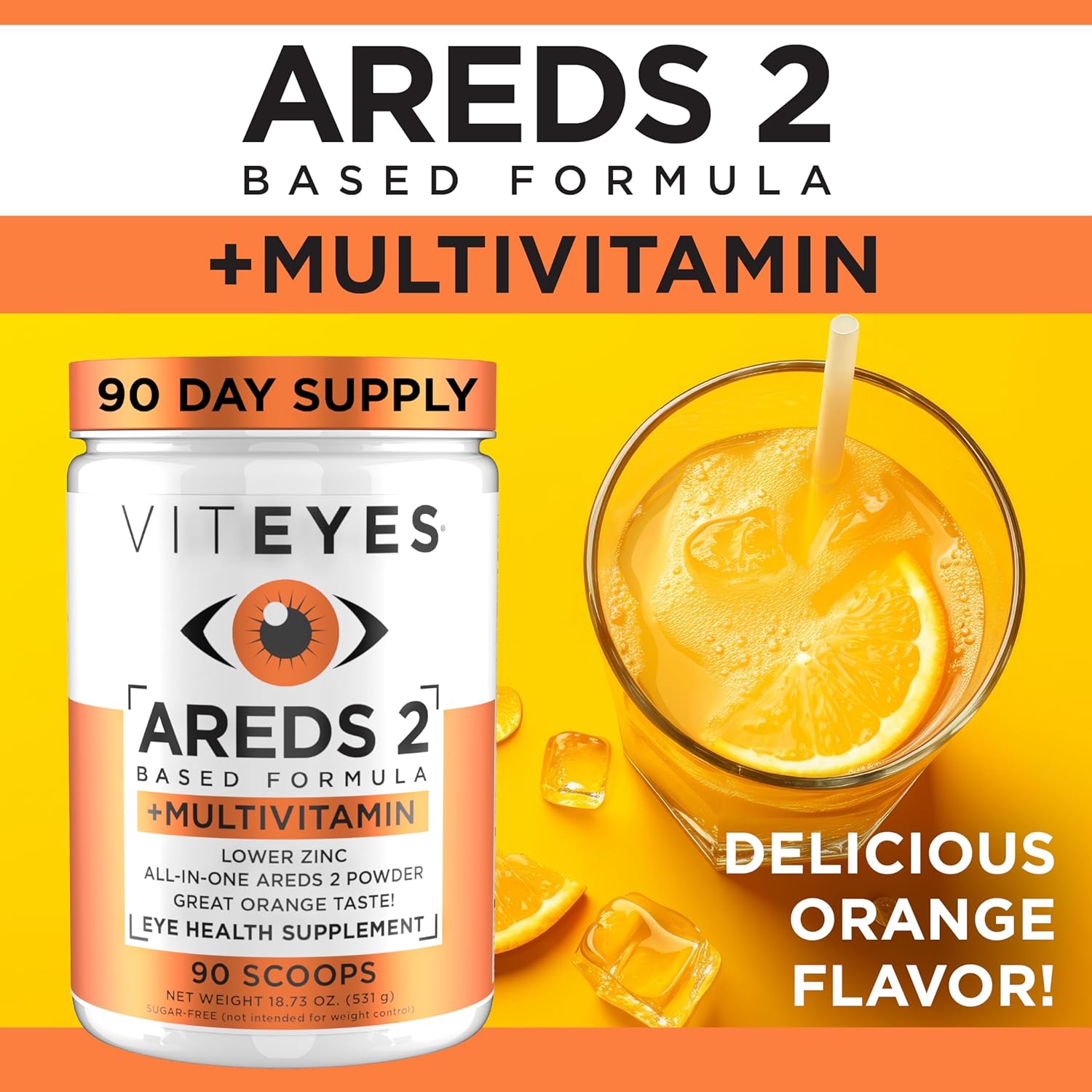 Viteyes AREDS 2 Powder with Multivitamin for Macular Protection - Alternative to Chewables, Lutein & Zeaxanthin, Natural Orange Flavor - 90 Scoops