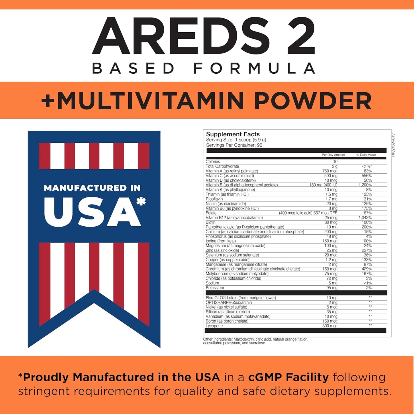 Viteyes AREDS 2 Powder with Multivitamin for Macular Protection - Alternative to Chewables, Lutein & Zeaxanthin, Natural Orange Flavor - 90 Scoops