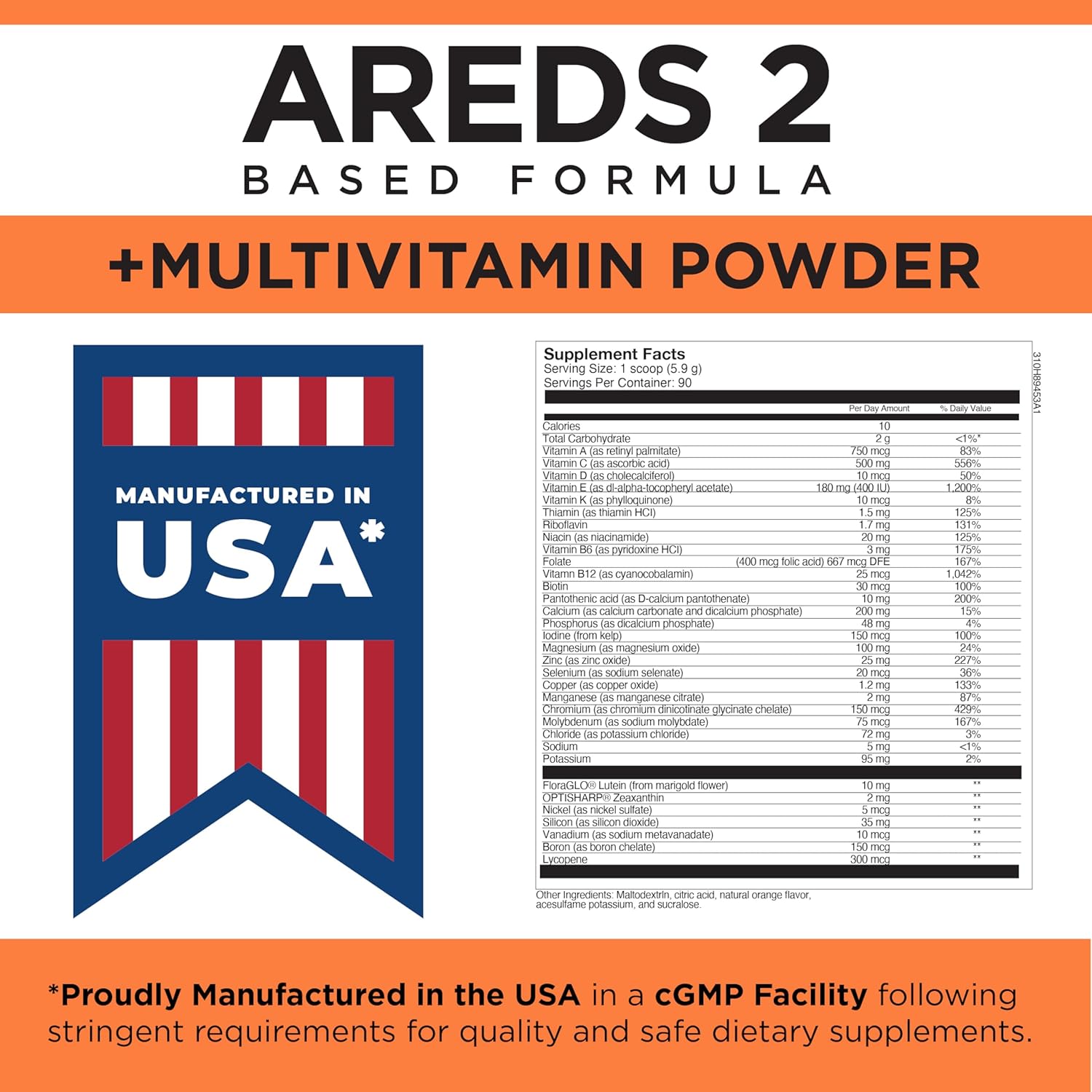 Viteyes AREDS 2 Powder with Multivitamin for Macular Protection - Alternative to Chewables, Lutein & Zeaxanthin, Natural Orange Flavor - 90 Scoops