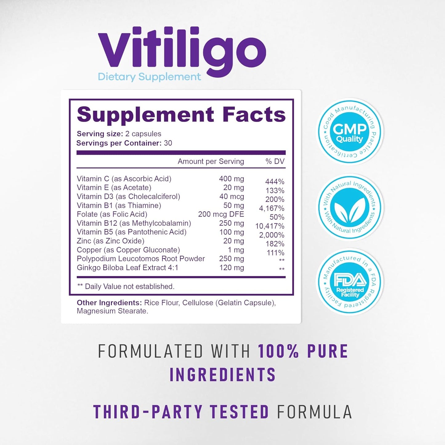 Vitiligo Supplement Capsules for Skin Pigmentation Support | 60 Count | Reduce White Spots | Natural Solution for Vitiligo | 1 Month Supply
