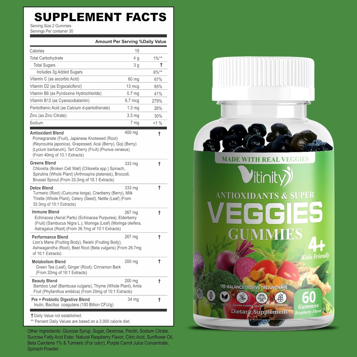 VITINITY Veggie Gummies Supplement - 30 Super Veggies, Fruits, and Herbs in 120 Delicious Chews - Non-GMO, Gluten-Free, Pectin-Based - 60 Day Supply