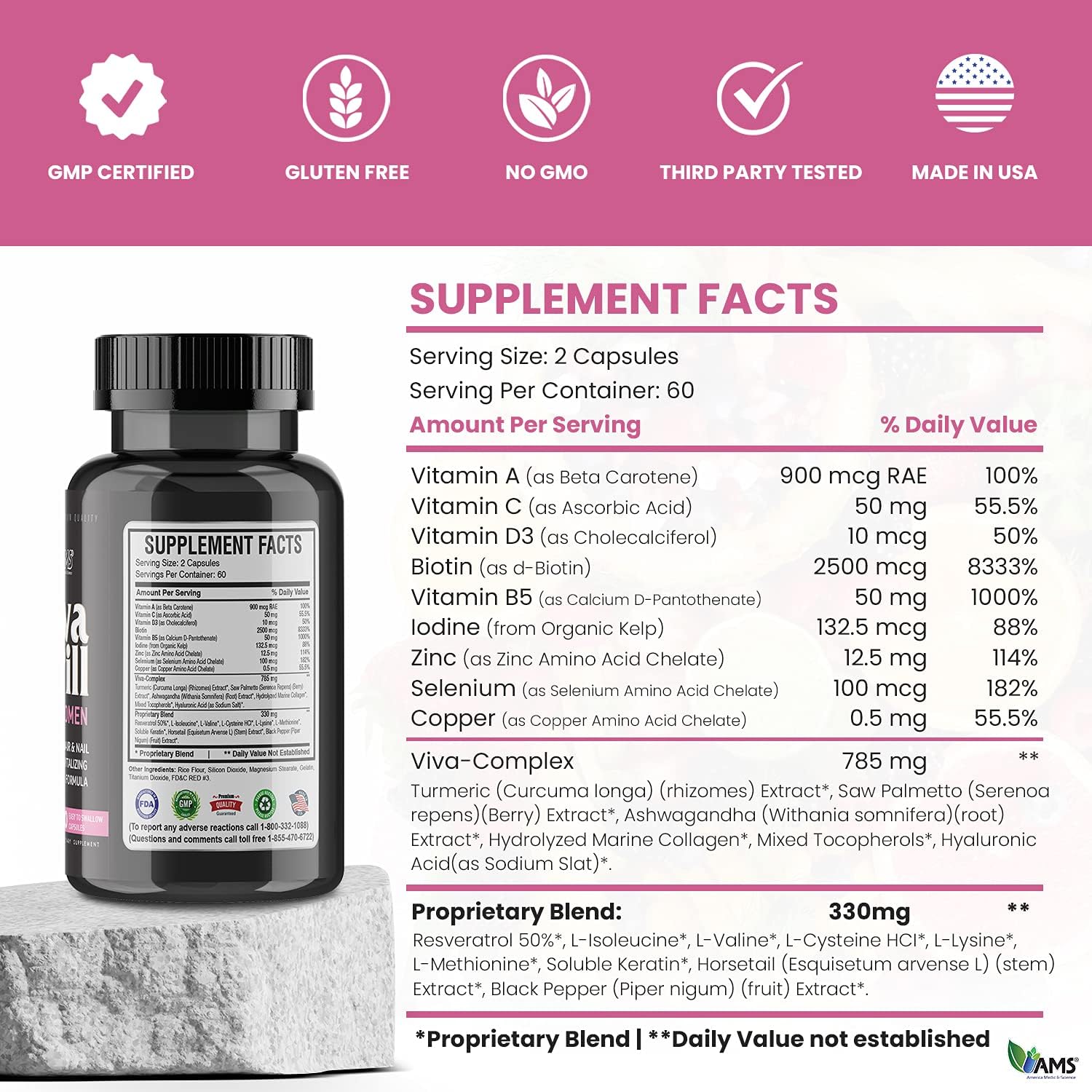 VivaPill for Women: Hair, Skin, and Nails Vitamins with Biotin, Collagen, and Keratin - 120 Capsules