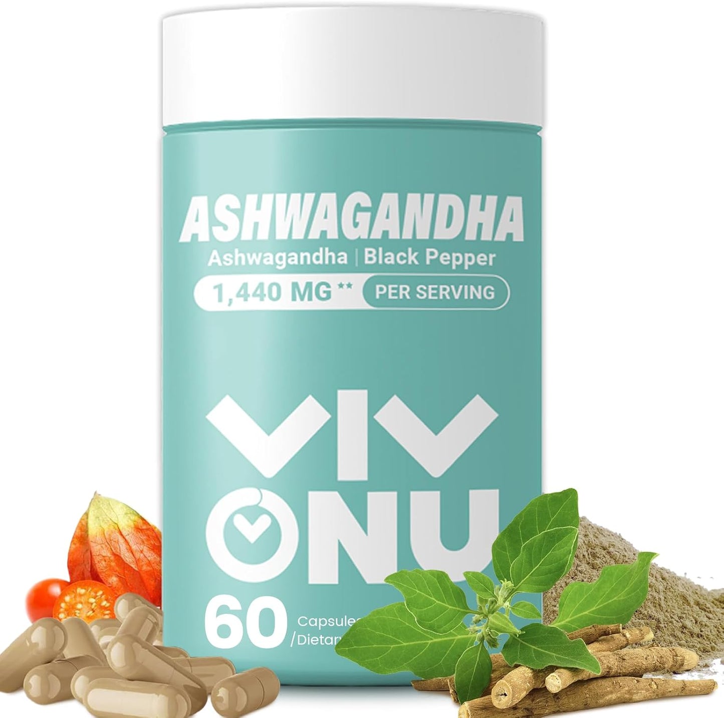VivoNu Ashwagandha Capsules with KSM-66 Extract & Black Pepper | Stress Relief, Energy Boost, Sleep Aid | 60 Count Vegan Capsules