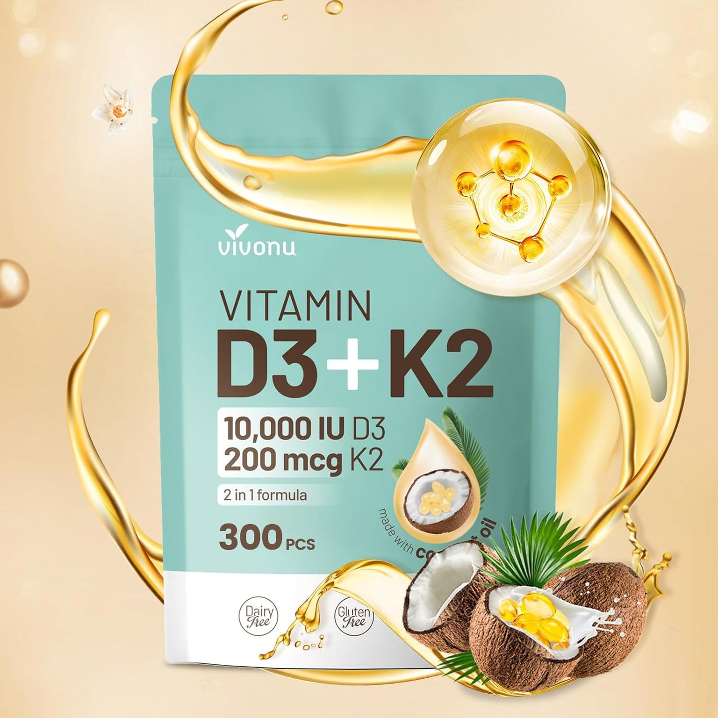 VivoNu Oil of Oregano Capsules with Vitamin D3 10000 iu, K2 (MK-7), and Coconut Oil Softgels - 300 Count