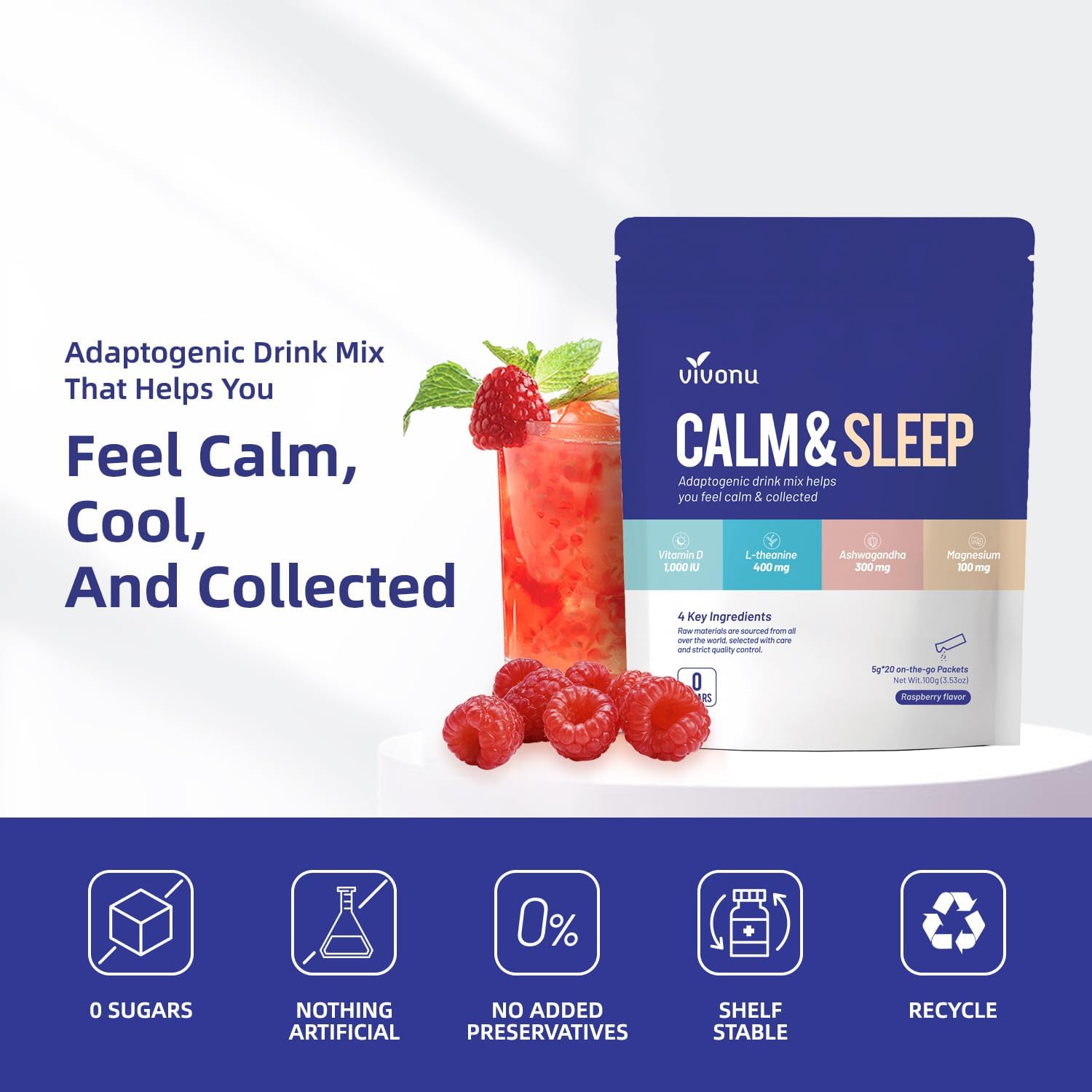 VivoNu Raspberry Calm & Sleep Drink Mix with Theanine, Ashwagandha, Magnesium, and Vitamin D3 for Relaxation & Focus
