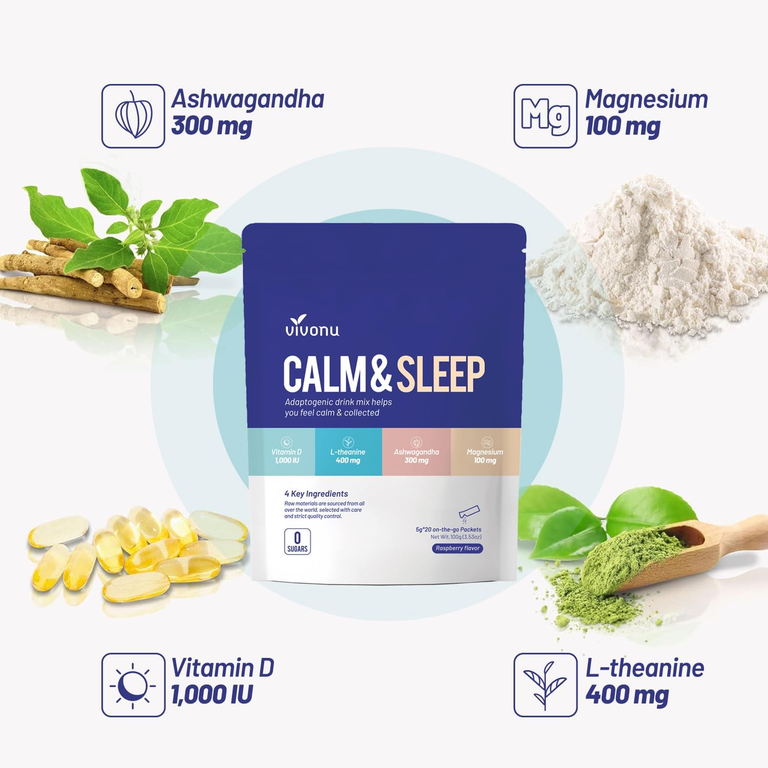 VivoNu Raspberry Calm & Sleep Drink Mix with Theanine, Ashwagandha, Magnesium, and Vitamin D3 for Relaxation & Focus