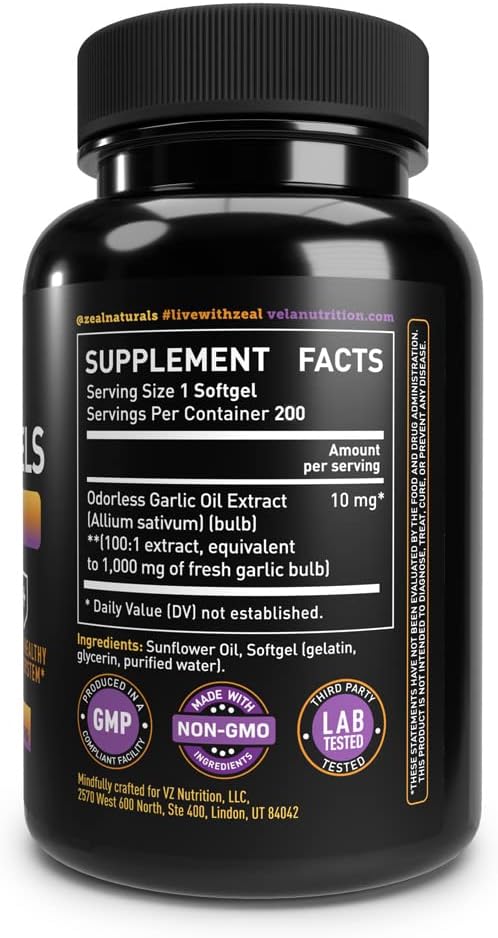 Véla Odorless Garlic 1000mg Supplement for Heart Health, Circulation & Immune System - 200 Capsules, GMP Certified