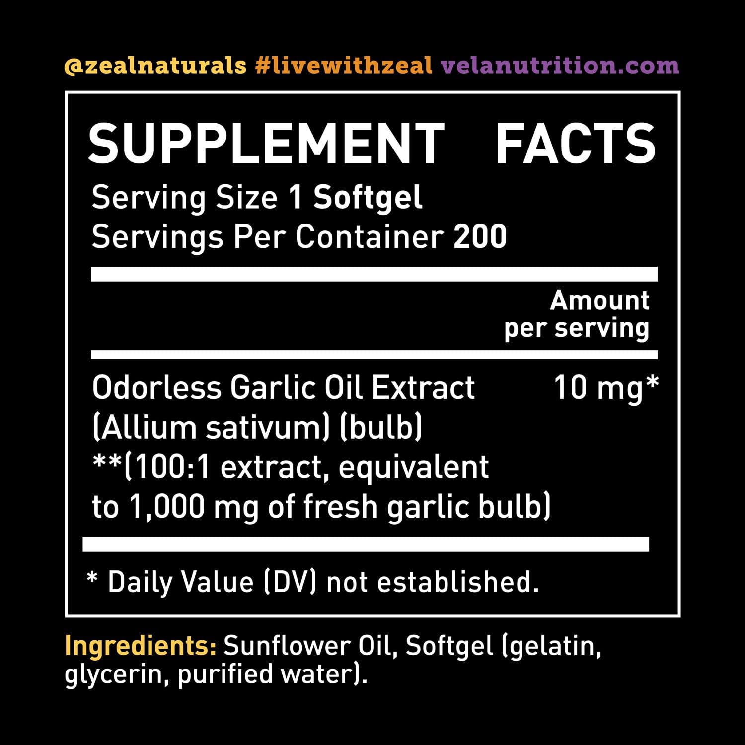 Véla Odorless Garlic 1000mg Supplement for Heart Health, Circulation & Immune System - 200 Capsules, GMP Certified