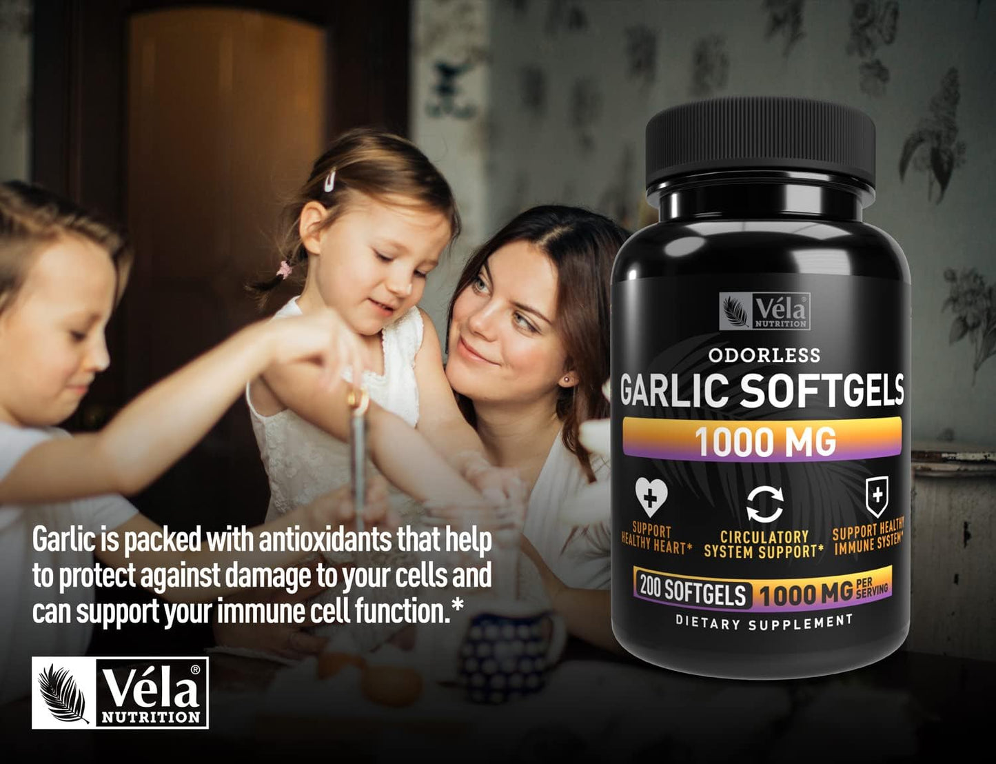 Véla Odorless Garlic 1000mg Supplement for Heart Health, Circulation & Immune System - 200 Capsules, GMP Certified