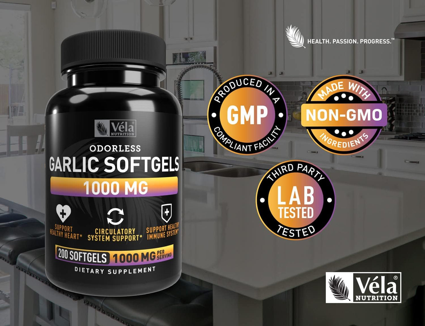Véla Odorless Garlic 1000mg Supplement for Heart Health, Circulation & Immune System - 200 Capsules, GMP Certified