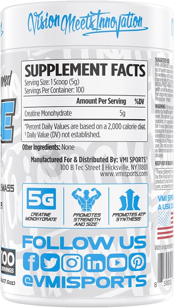 VMI Sports Creatine Monohydrate Powder for Muscle Mass & Strength - Unflavored, 5g per Serving, 500g