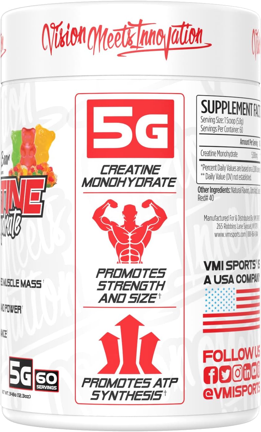 VMI Sports Creatine Monohydrate Powder: Muscle Mass, Strength, Size, Power - 5g per Serving, 60 Servings, Gummy Bear Flavor