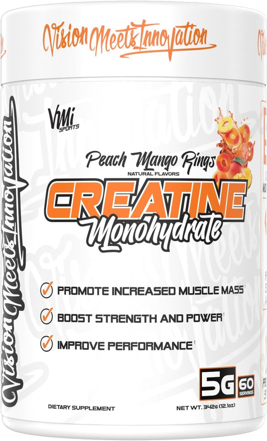 VMI Sports Creatine Monohydrate Powder: Peach Mango Rings Flavor, 5g per Serving, 60 Servings for Muscle Mass, Strength, Size, Power
