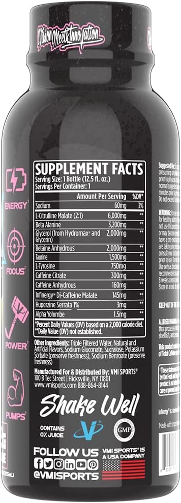 VMI Sports KXR High Stimulant Pre-Workout Energy Drink with 400mg Caffeine, 6g Citrulline, 3.2g Beta-Alanine - Miami Vice Flavor - 12.5 oz Bottles - Pack of 12