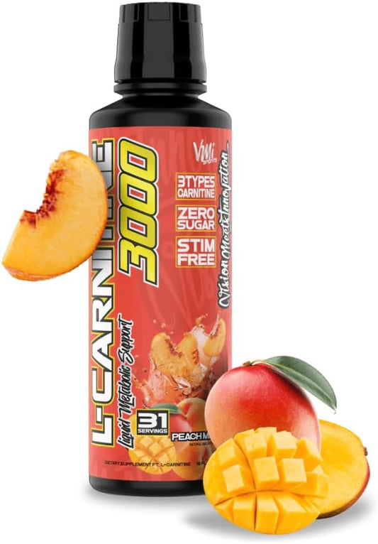 VMI Sports L-Carnitine 3000 Liquid Supplement - 3000mg Carnitine, Zero Calorie, Zero Sugar, Keto Friendly Peach Mango Flavor - 31 Servings, 16 fl. oz. for Men and Women