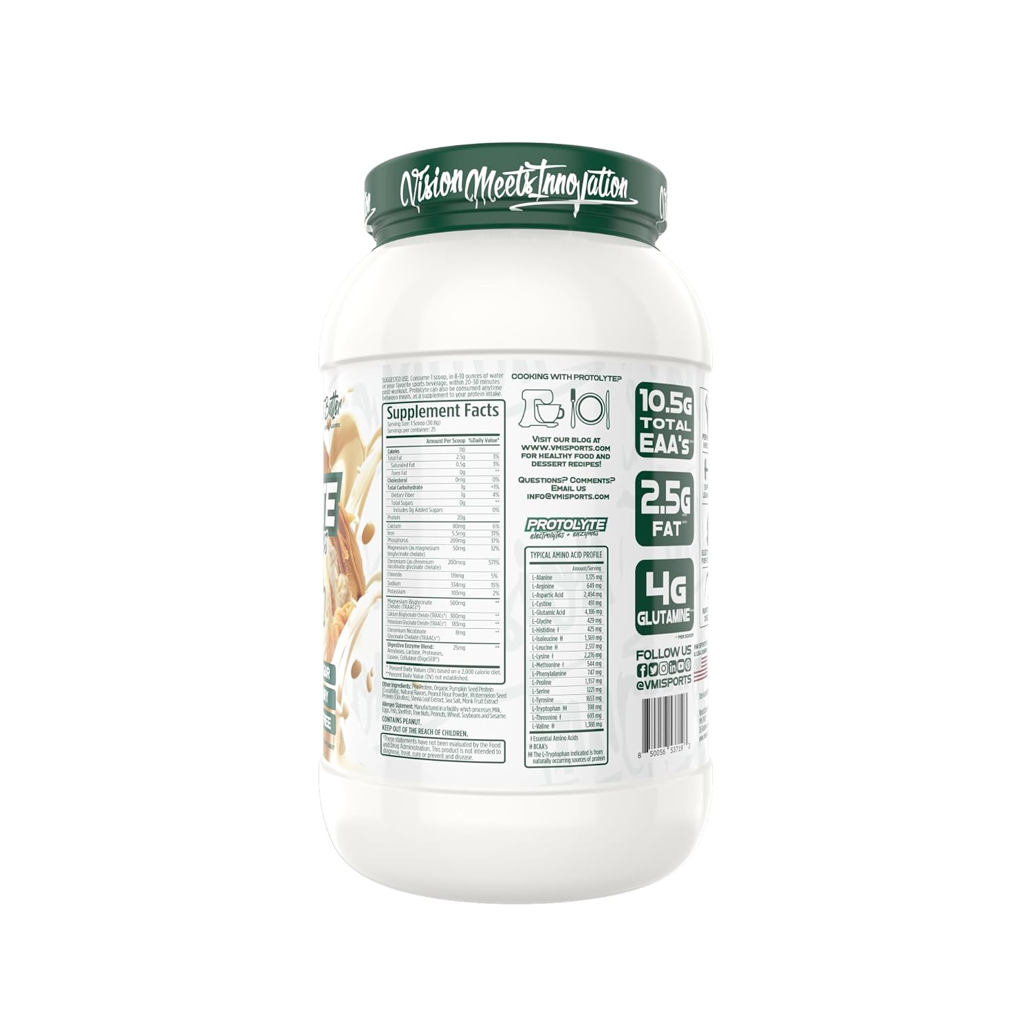 VMI Sports Protolyte Plant Protein with Electrolytes and Enzymes - Vanilla Peanut Butter Flavor - 20g Protein - 10.5g EAAs - Zero Sugar, Dairy, Gluten (25 Servings)