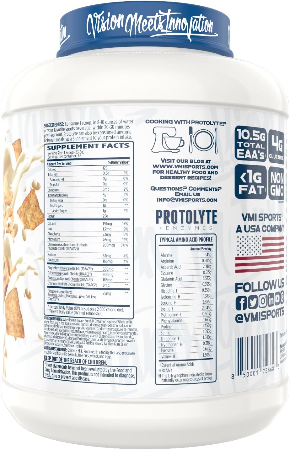 VMI Sports ProtoLyte Whey Isolate Protein Powder - Low Calorie for Weight Loss & Muscle Gain with Digestive Enzymes - Non-GMO Cinnamon Crunch Flavor - 4.6 Pound