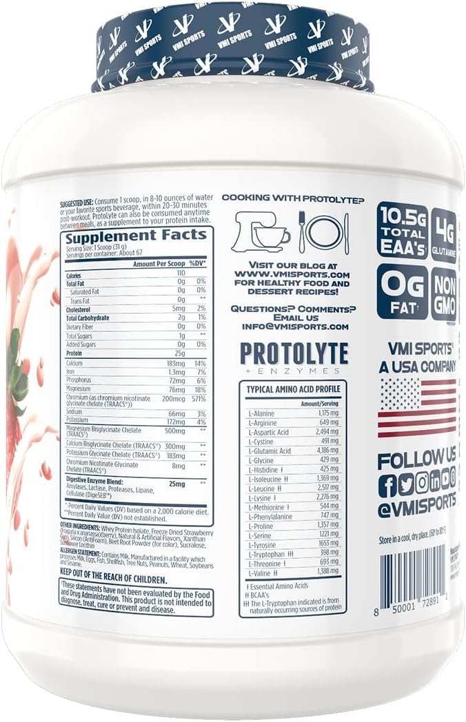 VMI Sports Protolyte Whey Isolate Protein Powder - Strawberry Milkshake, 4.6 Pounds - Low-Calorie Protein for Slimming Formula and Muscle Gain - Non-GMO