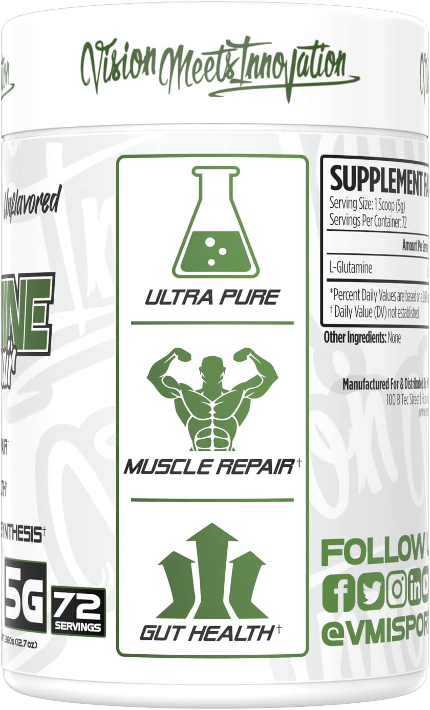 VMI Sports Pure L-Glutamine Powder for Muscle Repair & Recovery - Promotes Gut Health & Protein Synthesis - 5g per Serving - 72 Servings