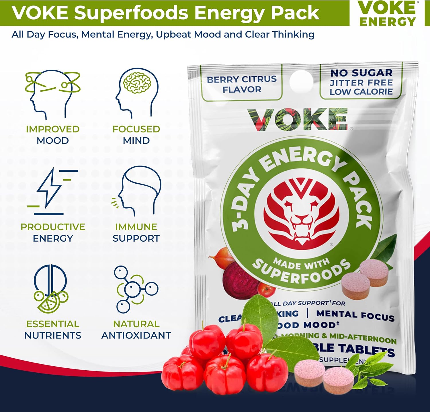 Voke Energy Tablets - Superfood Chewable Tablets for Rapid Focus & Memory, Vitamin C, 30 Count x 5 Pack, Portable & Resealable Pack.