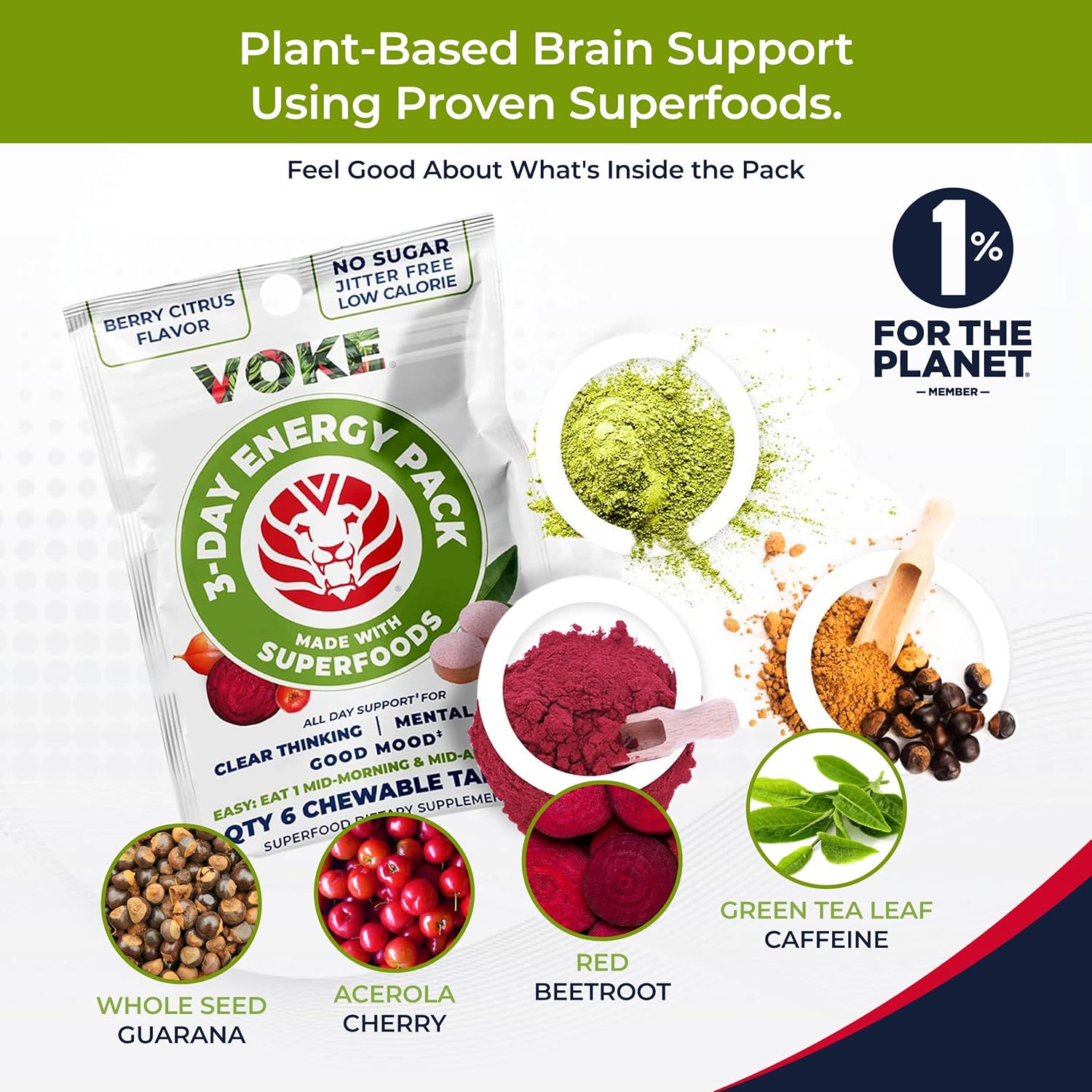 Voke Energy Tablets - Superfood Chewable Tablets for Rapid Focus & Memory, Vitamin C, 30 Count x 5 Pack, Portable & Resealable Pack.