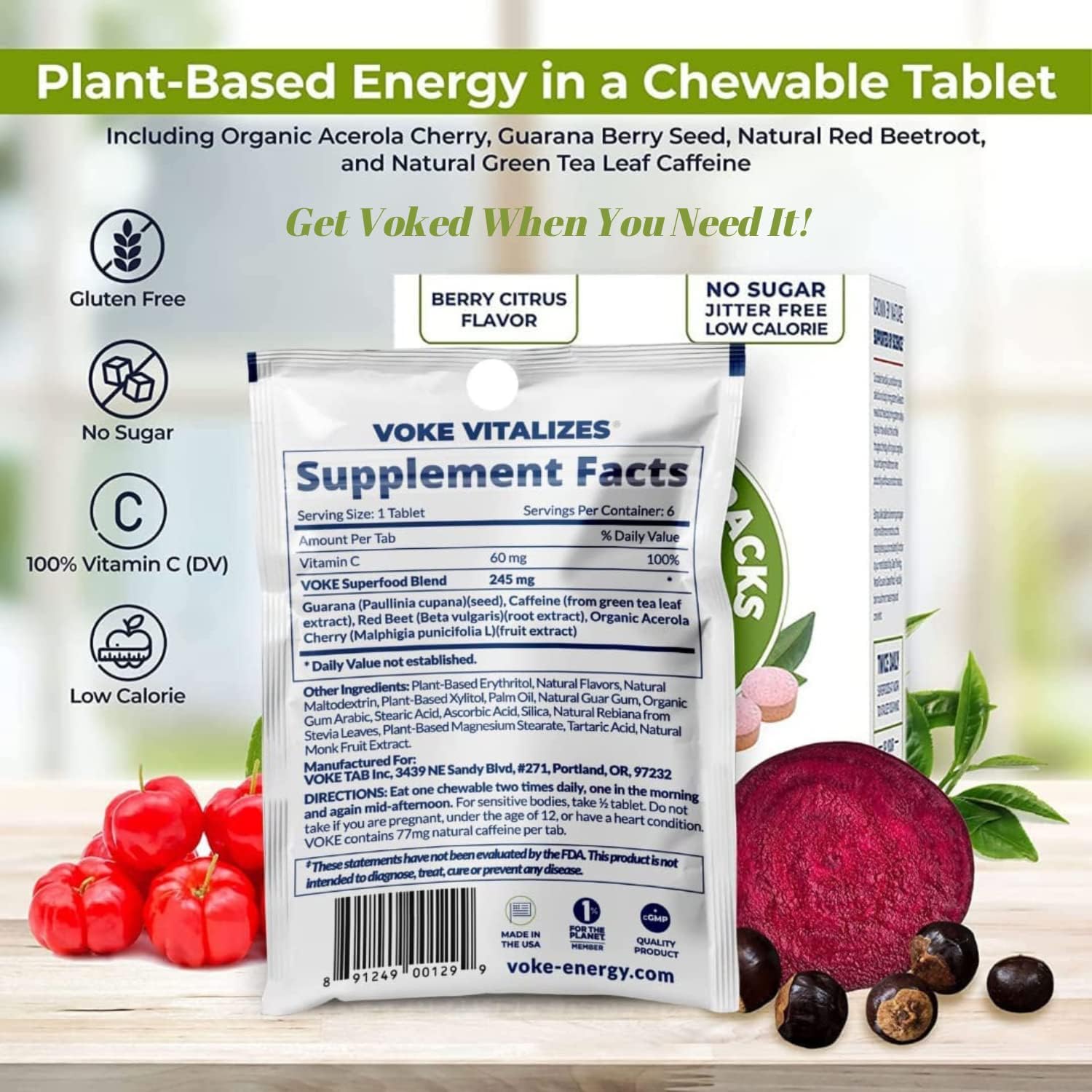 Voke Energy Tablets - Superfood Chewable Tablets for Rapid Focus & Memory, Vitamin C, 30 Count x 5 Pack, Portable & Resealable Pack.