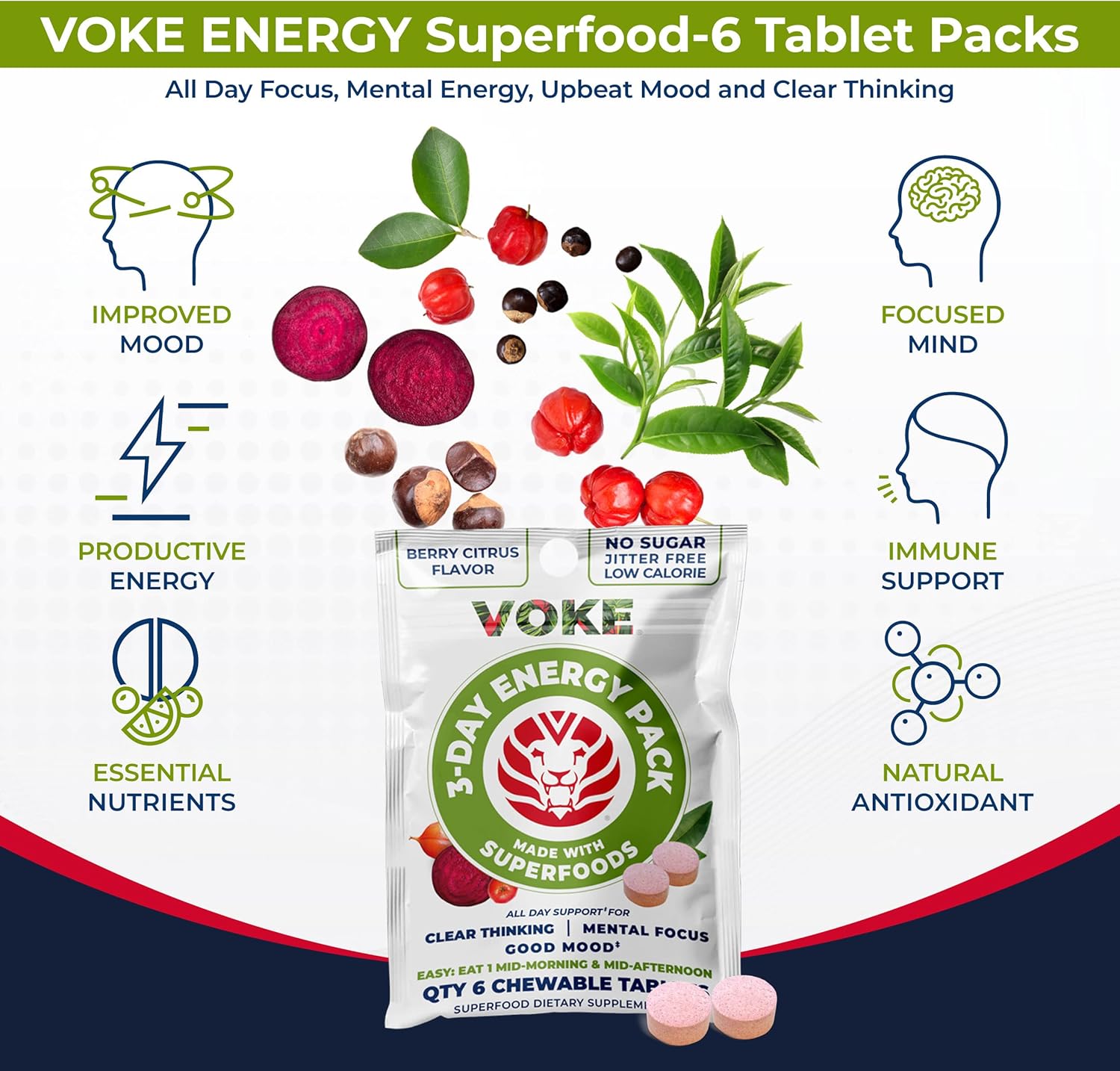Voke Energy Tablets - Superfood Chewable Tablets for Rapid Focus & Memory, Vitamin C, 30 Count x 5 Pack, Portable & Resealable Pack.